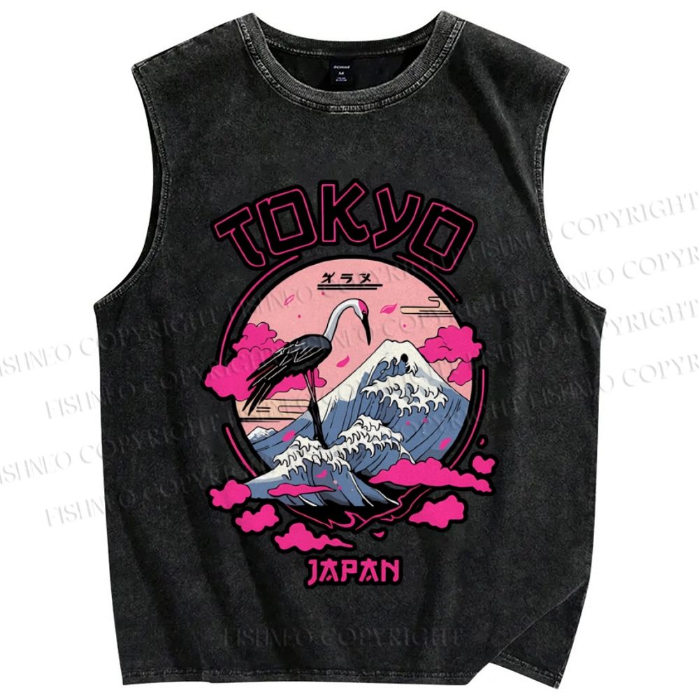 Unisex Japan Tokyo Wave Art Printed Washed Tank Top