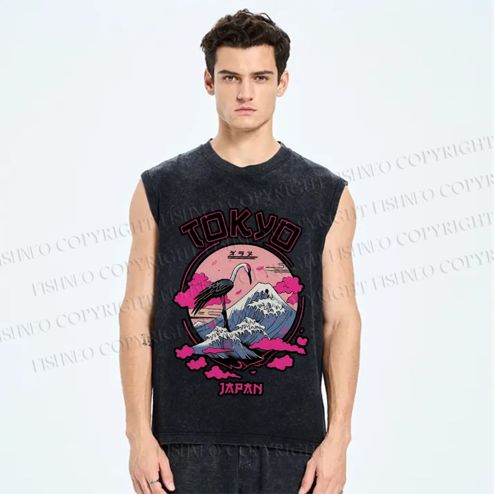 Unisex Japan Tokyo Wave Art Printed Washed Tank Top