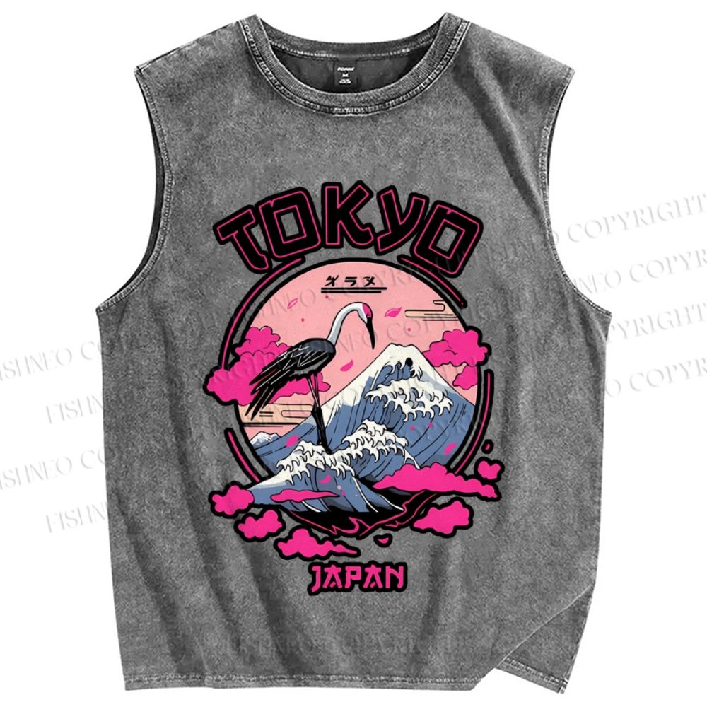 Unisex Japan Tokyo Wave Art Printed Washed Tank Top