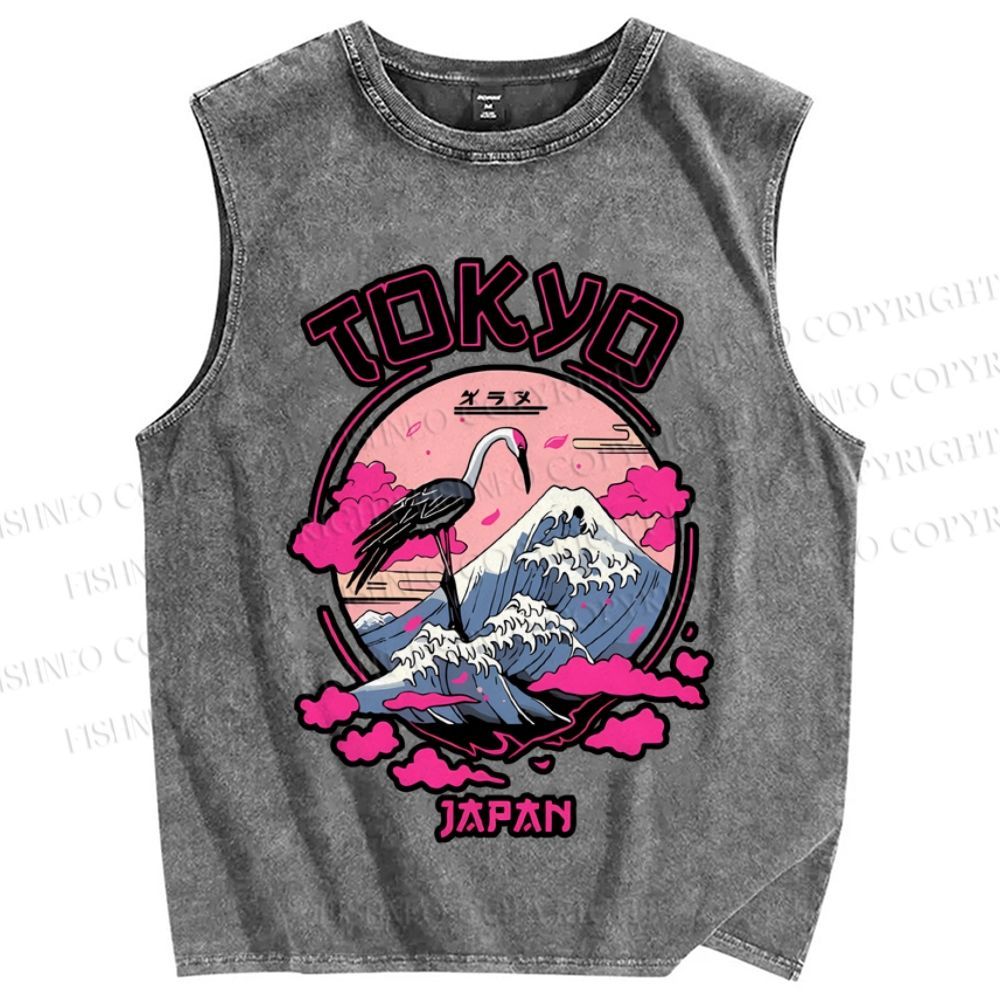 Unisex Japan Tokyo Wave Art Printed Washed Tank Top