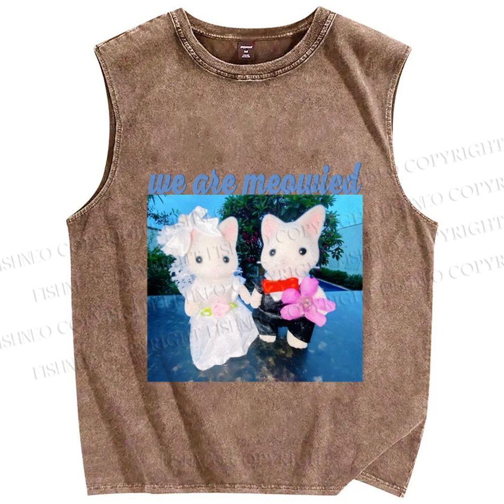 Unisex Cat Meme We Are Meowied Printed Washed Tank Top