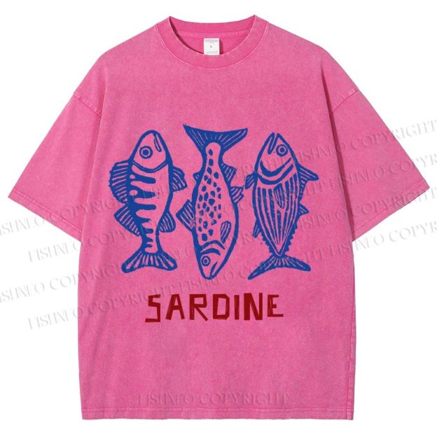 Unisex  Vintage Sardine Printed Washed Tee