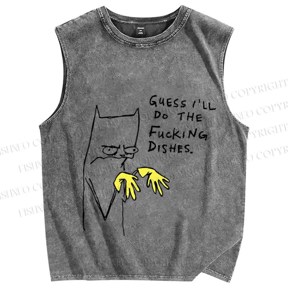 Unisex Guess I Will Do The Dishes Silly Cat Printed Washed Tank Top
