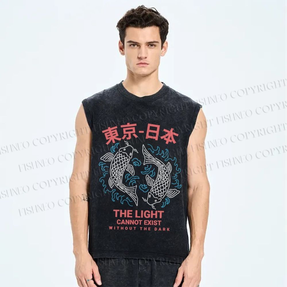 Unisex Japan Tokyo Koi Fish Printed Washed Tank Top