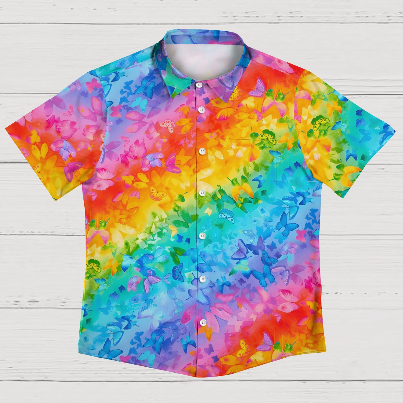 Men's Shirt Collar Resort Rainbow Butterfly Printed Short Sleeve Shirt