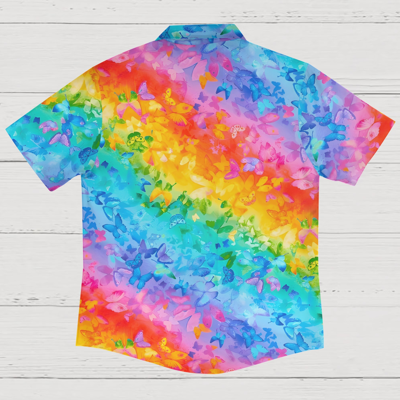 Men's Shirt Collar Resort Rainbow Butterfly Printed Short Sleeve Shirt