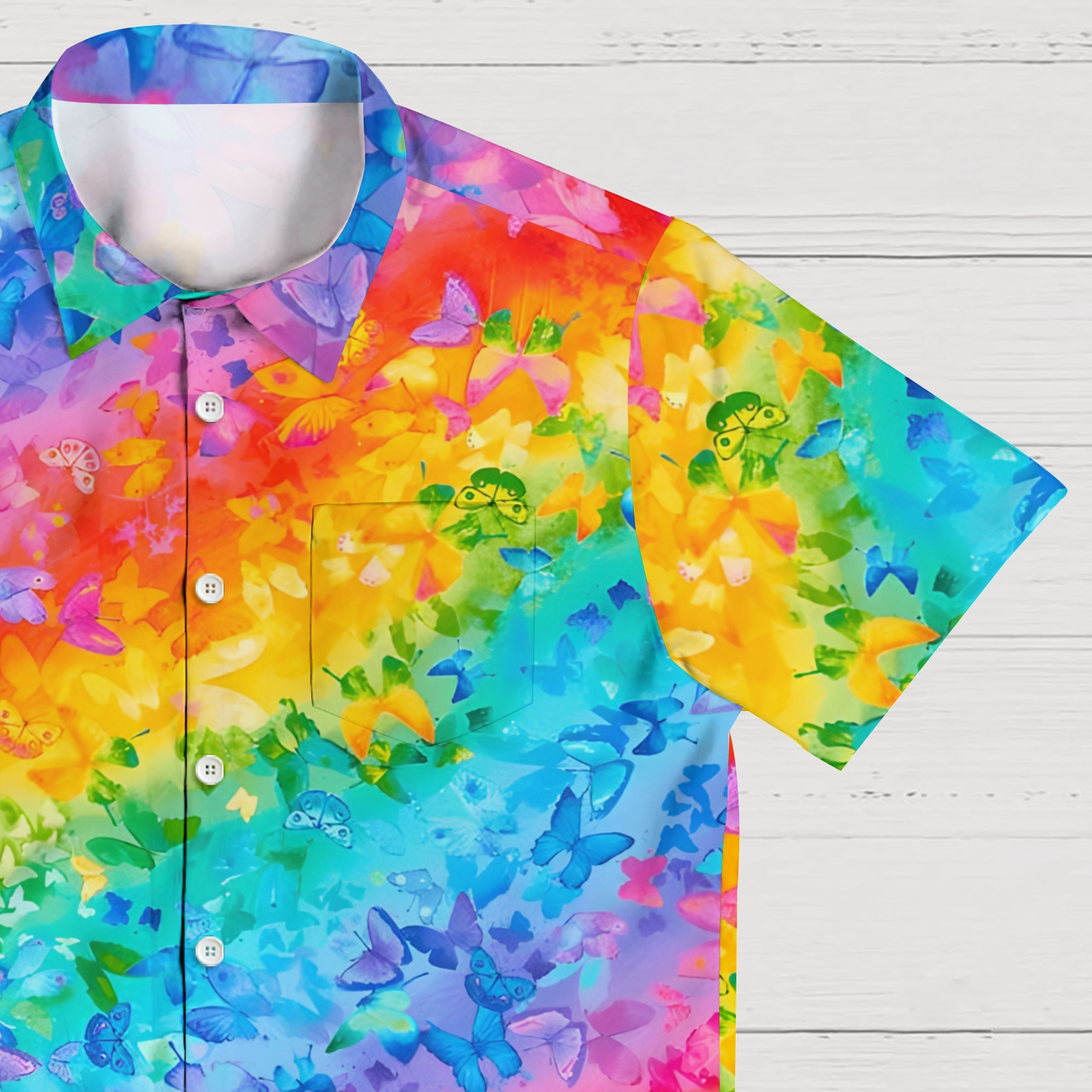 Men's Shirt Collar Resort Rainbow Butterfly Printed Short Sleeve Shirt