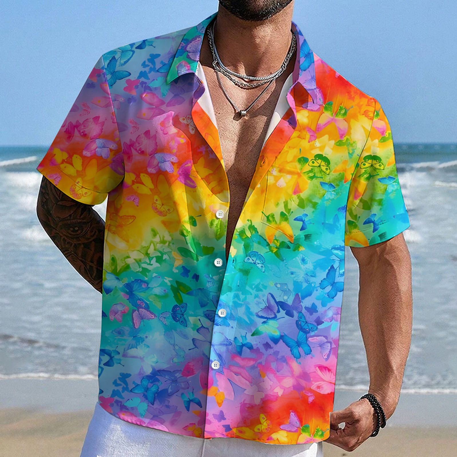Men's Shirt Collar Resort Rainbow Butterfly Printed Short Sleeve Shirt