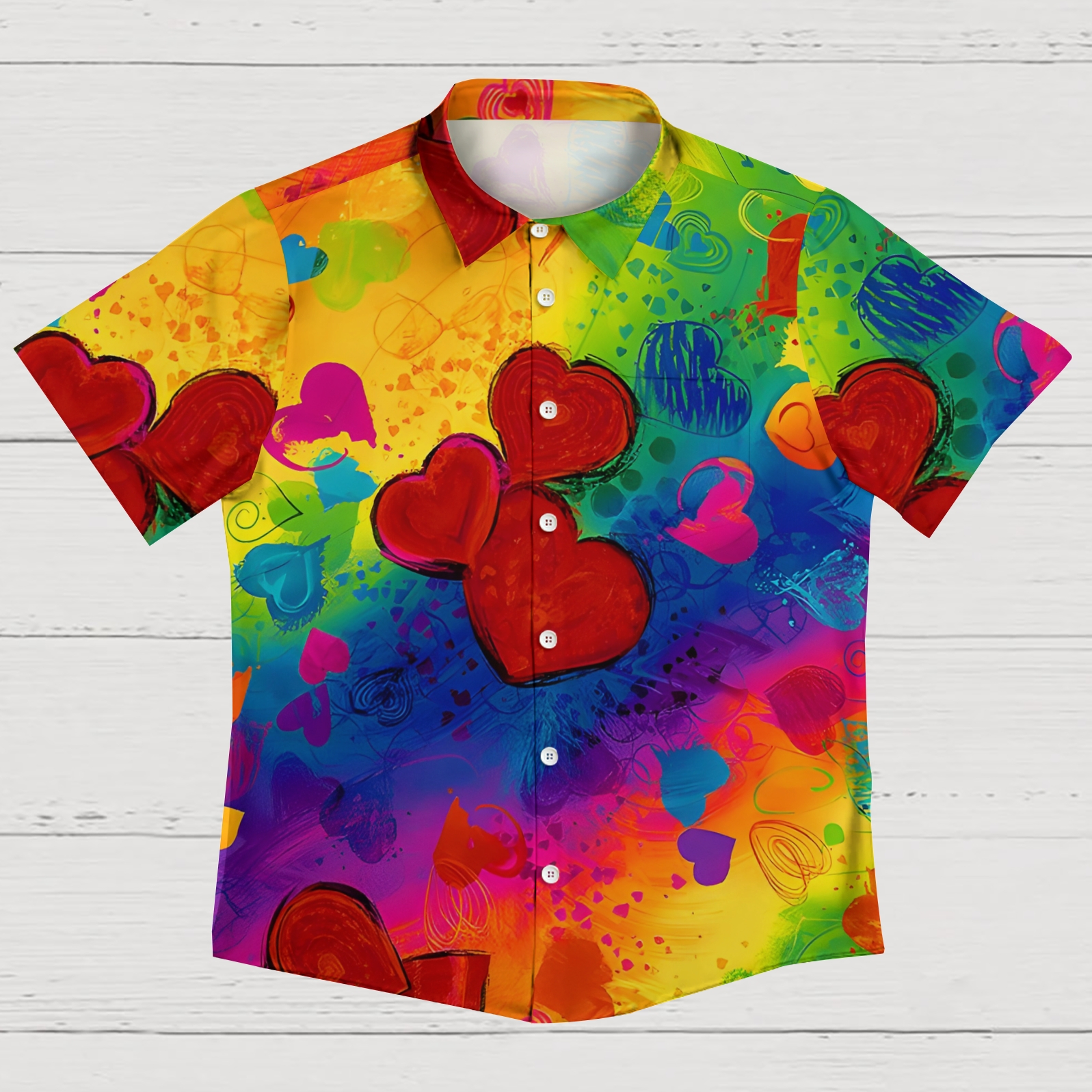 Men's Shirt Collar Resort Rainbow Heart Printed  Short Sleeve Shirt
