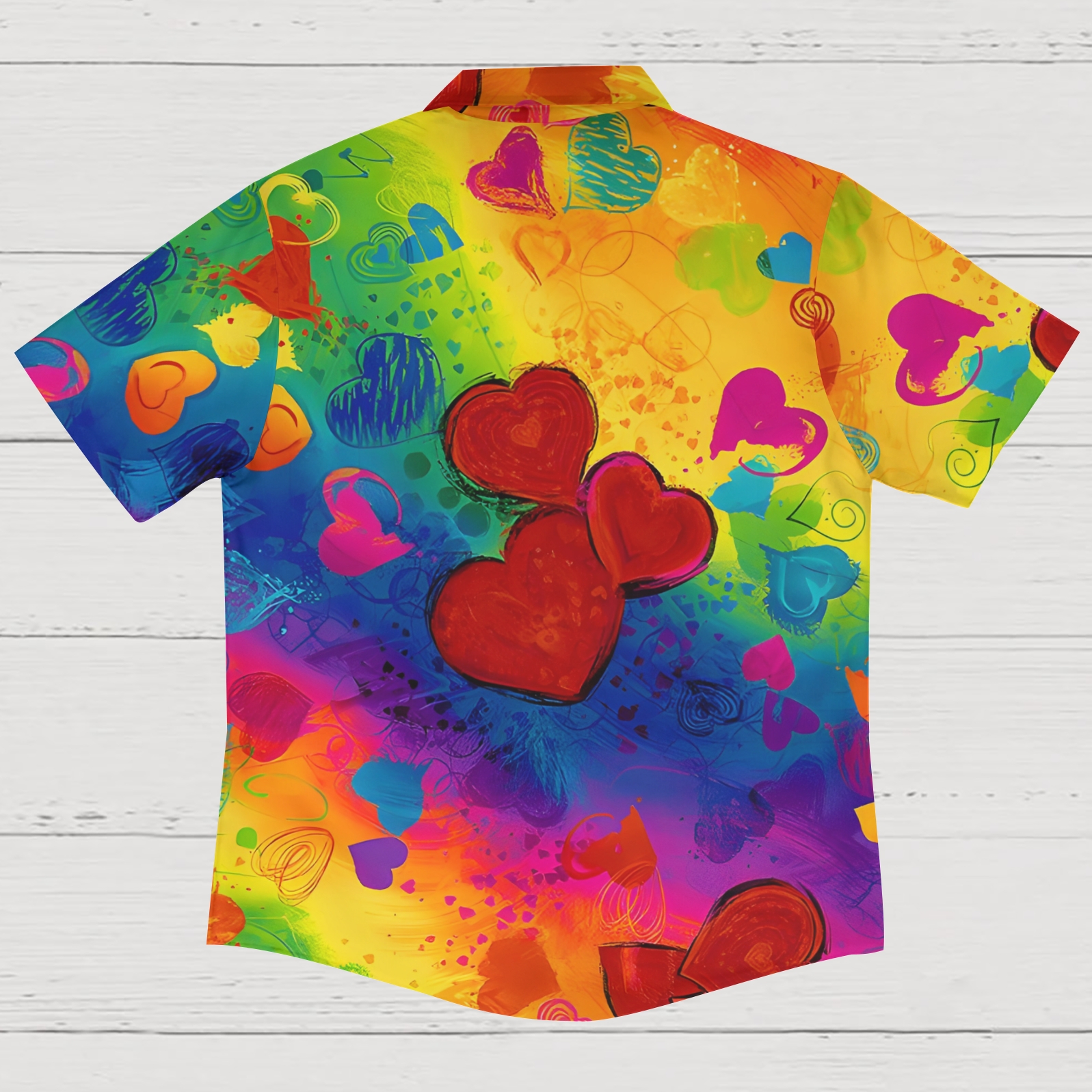 Men's Shirt Collar Resort Rainbow Heart Printed  Short Sleeve Shirt