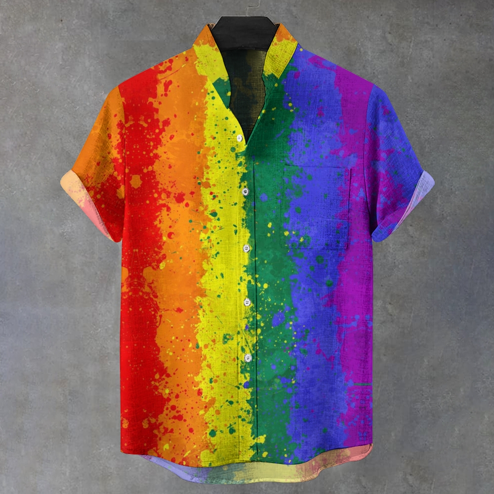 Men's Stand Collar Rainbow Stripe Printed Short Sleeve Shirt