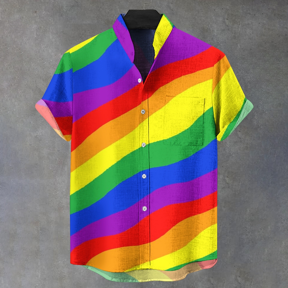 Men's Stand Collar Rainbow Stripe Printed Short Sleeve Shirt