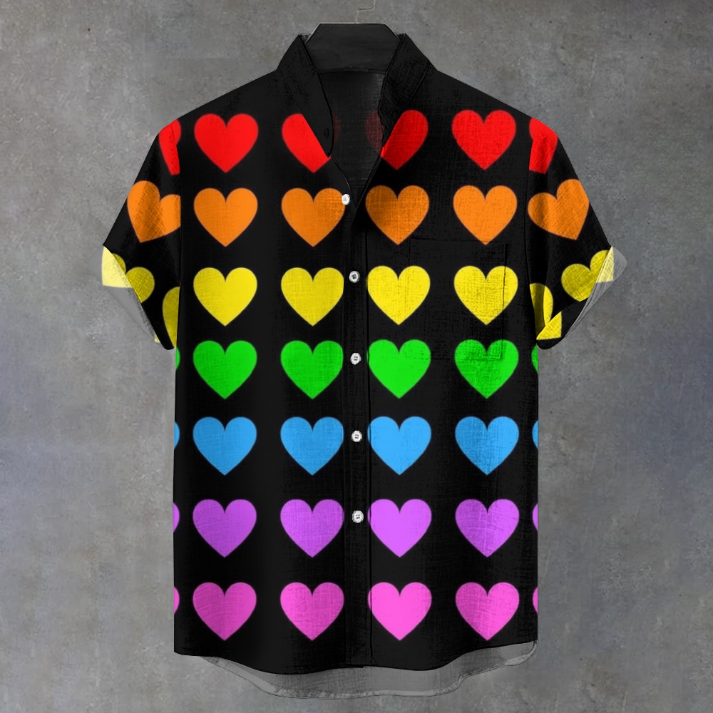 Men's Stand Collar Rainbow Heart Printed Short Sleeve Shirt