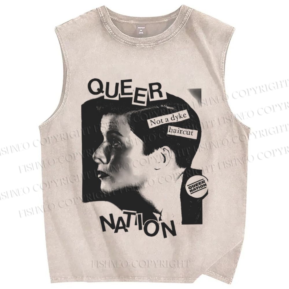 Unisex Pride Queer Nation Not A Dyke Haircut Printed Washed Tank Top
