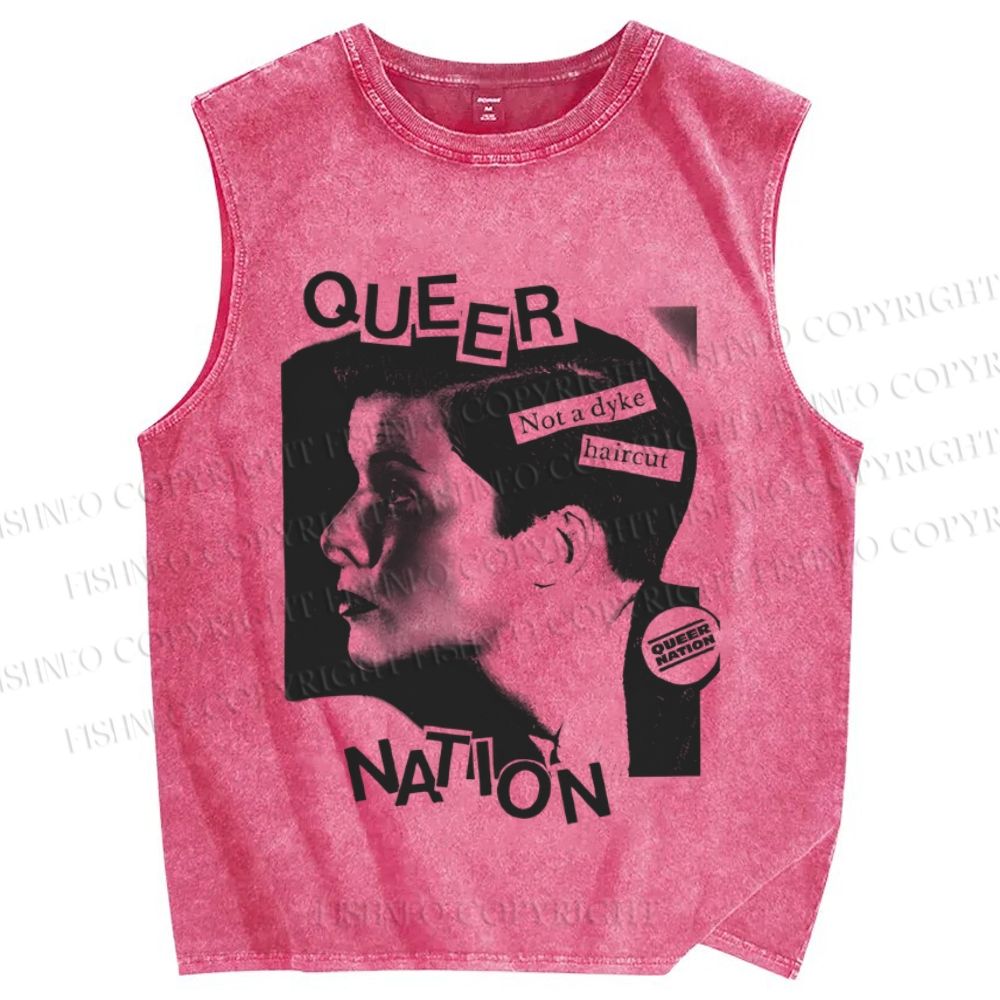 Unisex Pride Queer Nation Not A Dyke Haircut Printed Washed Tank Top