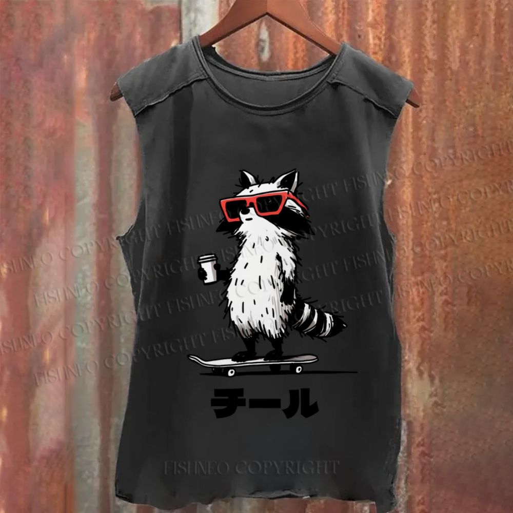 Vintage Japanese Chill Raccoon Skating Washed Tank Top