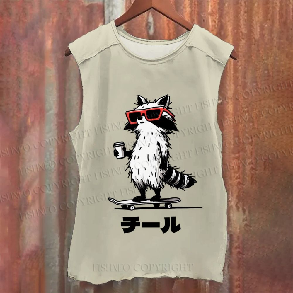 Vintage Japanese Chill Raccoon Skating Washed Tank Top