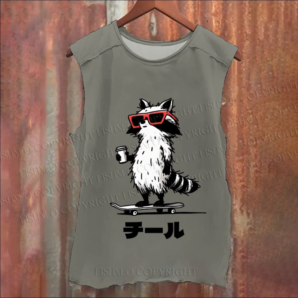 Vintage Japanese Chill Raccoon Skating Washed Tank Top