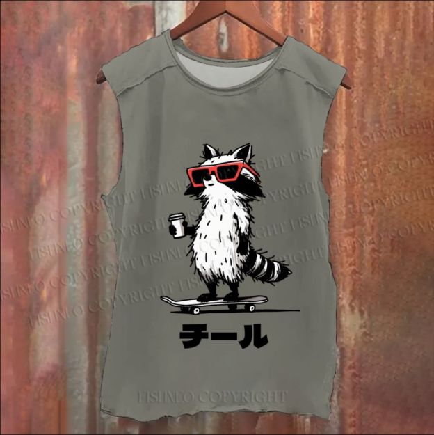 Vintage Japanese Chill Raccoon Skating Washed Tank Top