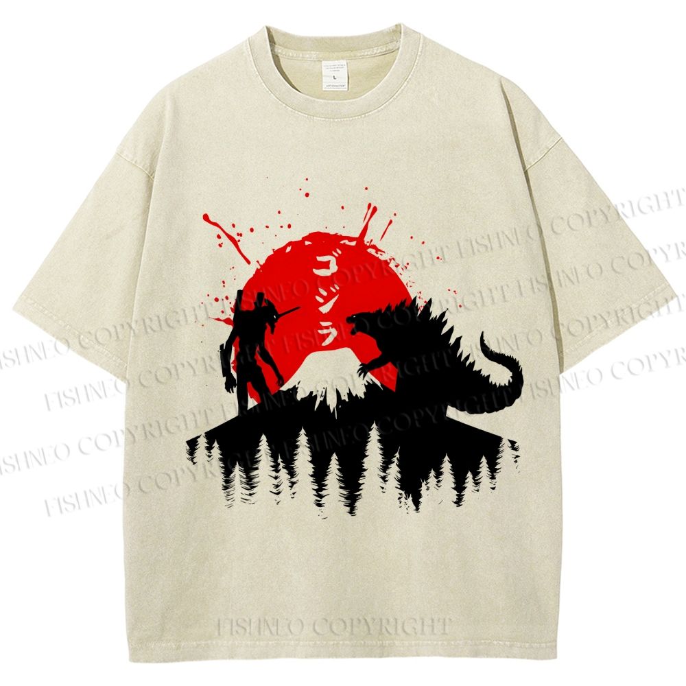 Unisex Japanese Godzilla On Mount Fuji Printed Washed Tee