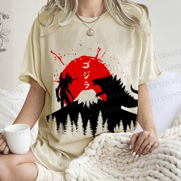 Unisex Japanese Godzilla On Mount Fuji Printed Washed Tee