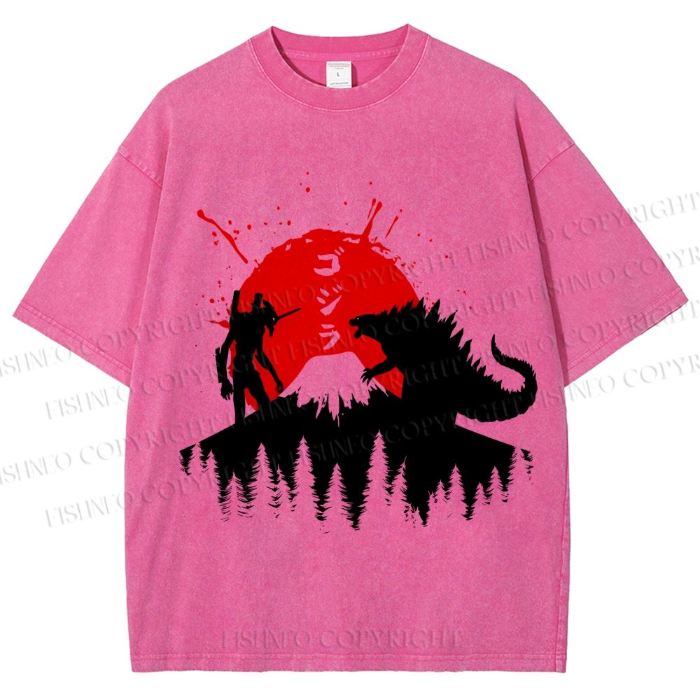 Unisex Japanese Godzilla On Mount Fuji Printed Washed Tee