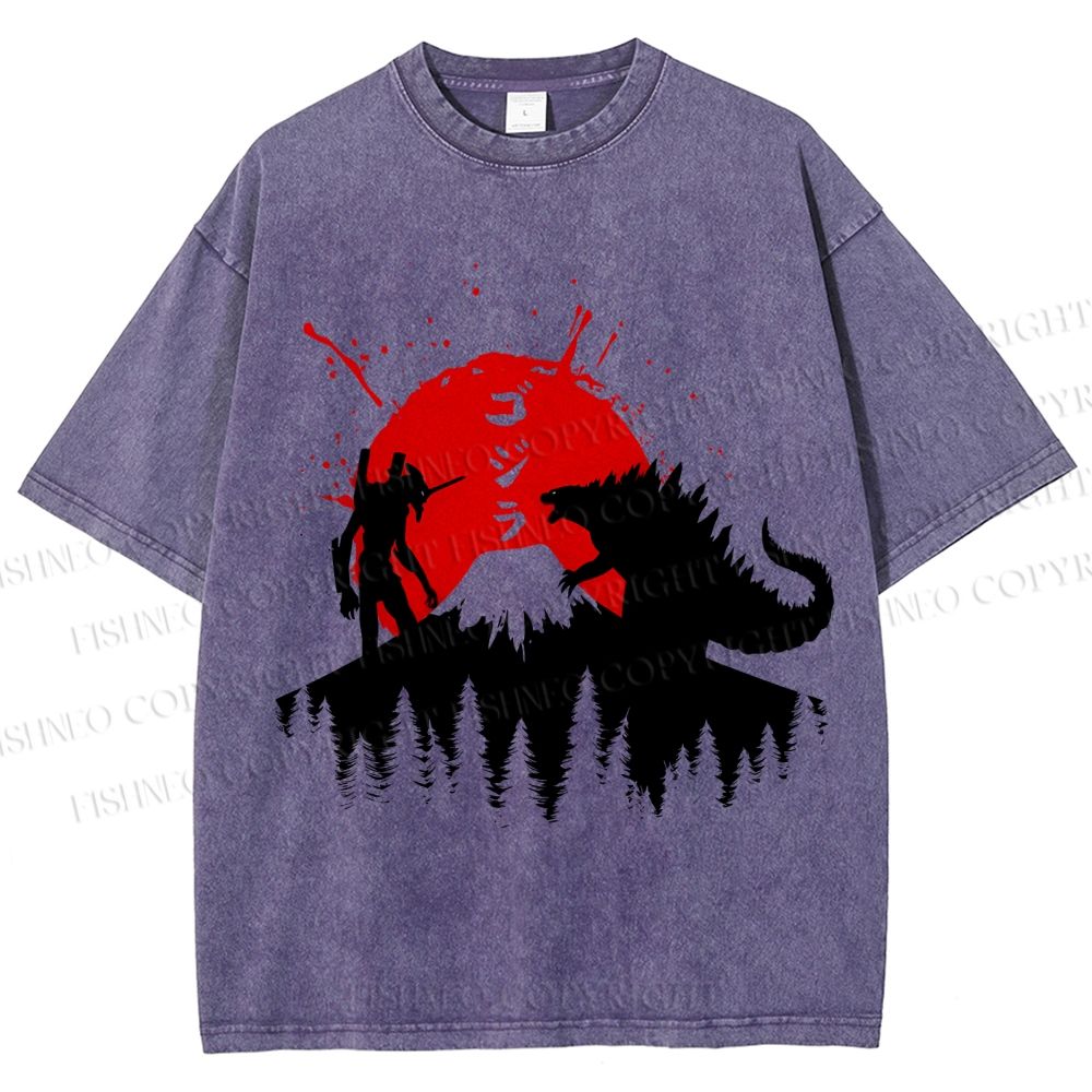 Unisex Japanese Godzilla On Mount Fuji Printed Washed Tee