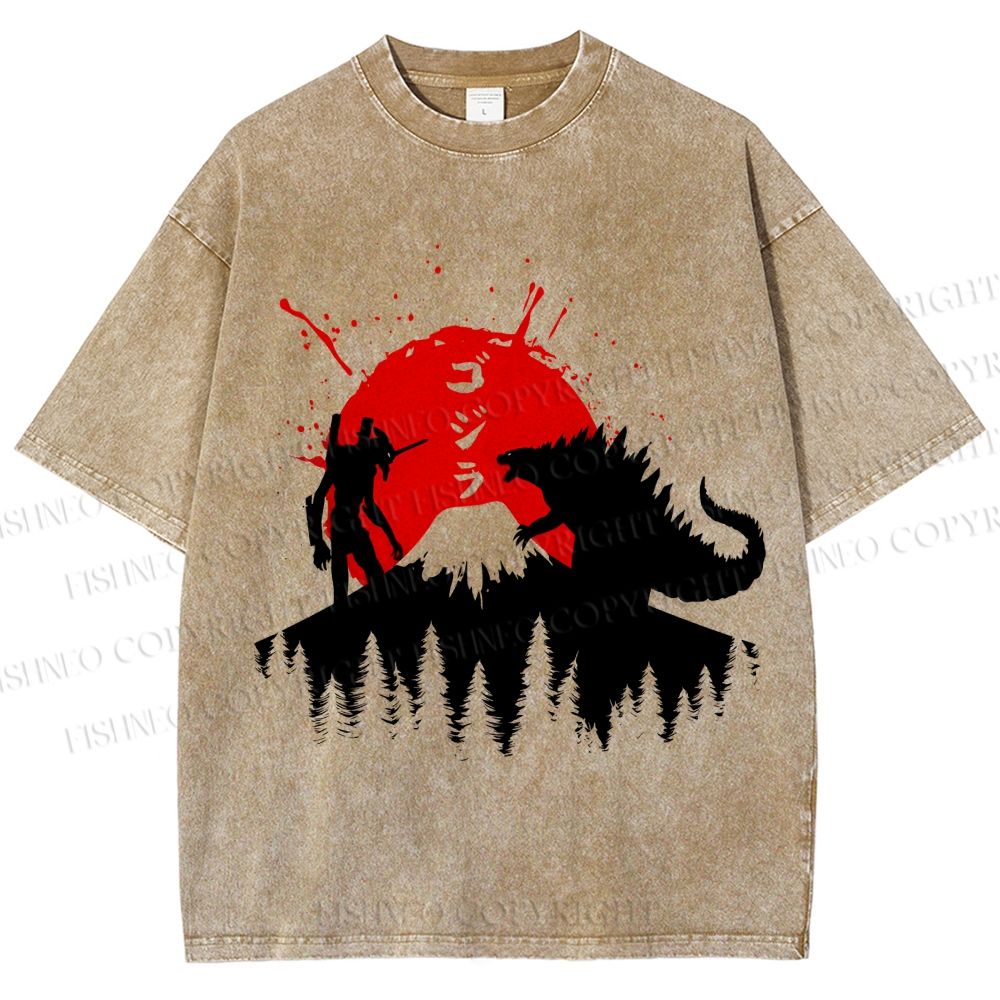Unisex Japanese Godzilla On Mount Fuji Printed Washed Tee