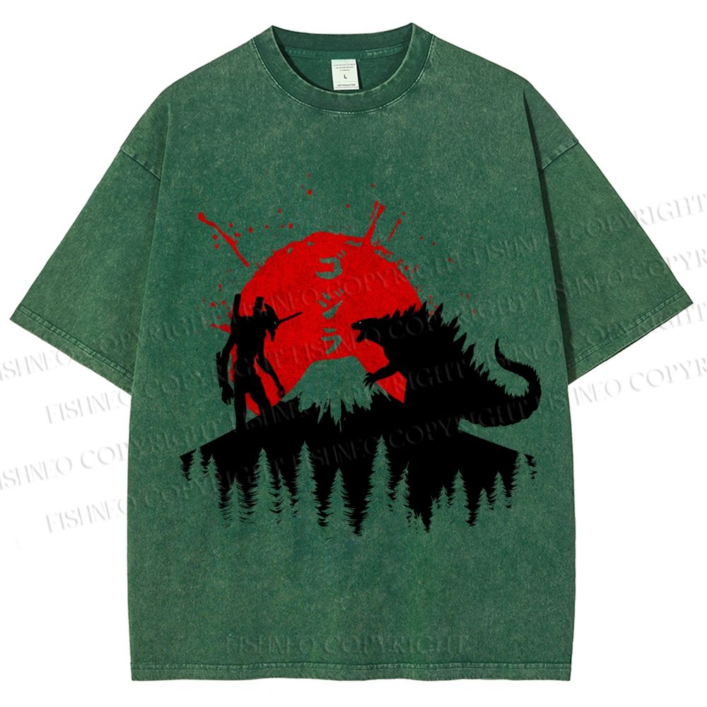 Unisex Japanese Godzilla On Mount Fuji Printed Washed Tee