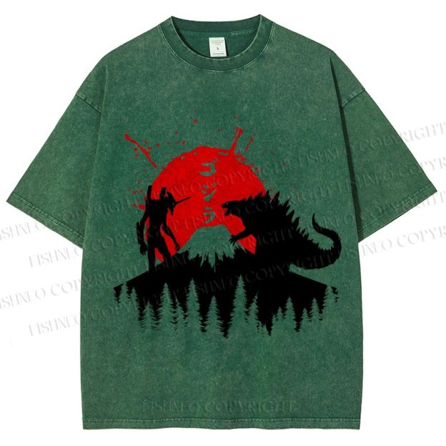 Unisex Japanese Godzilla On Mount Fuji Printed Washed Tee