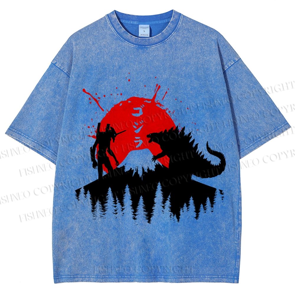 Unisex Japanese Godzilla On Mount Fuji Printed Washed Tee