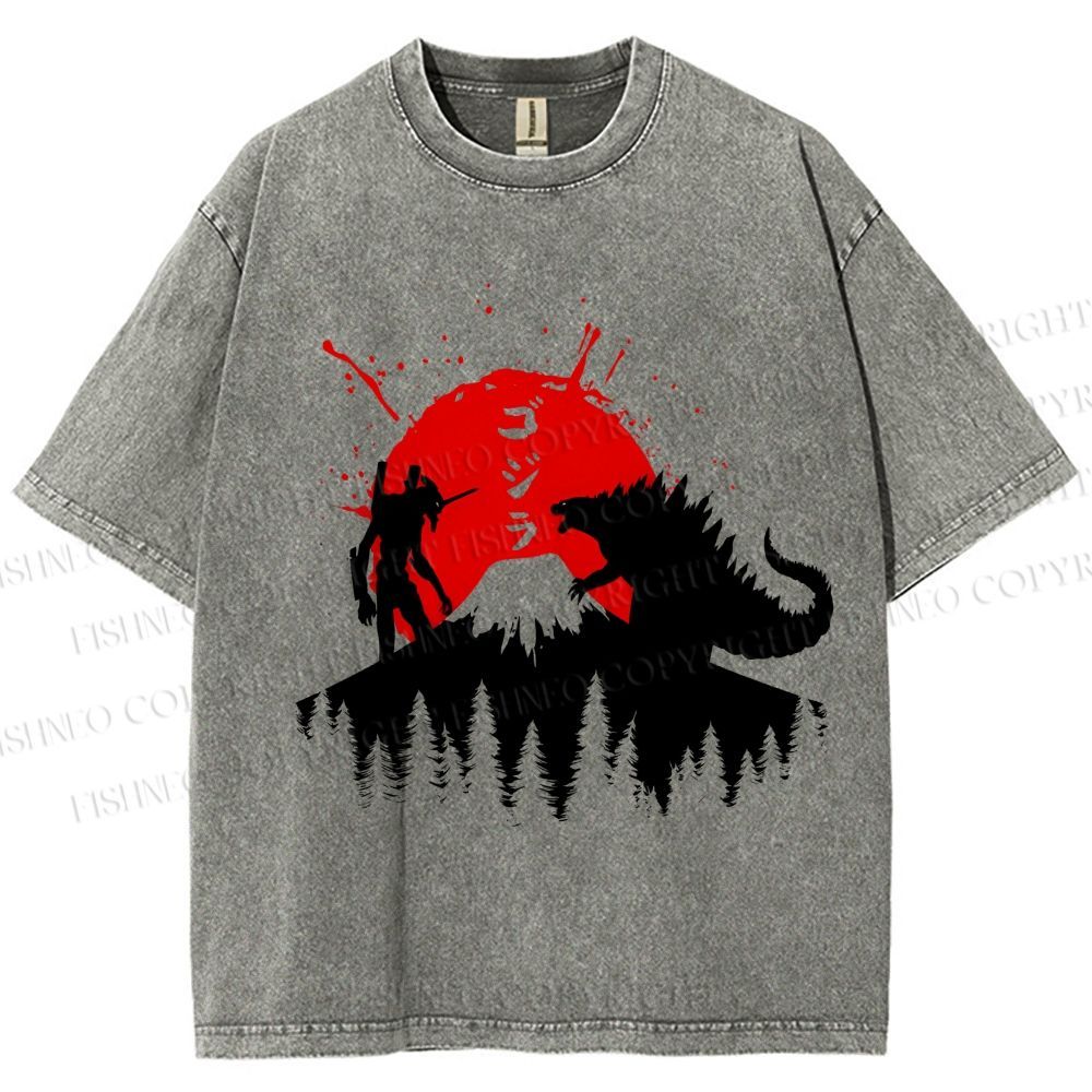 Unisex Japanese Godzilla On Mount Fuji Printed Washed Tee