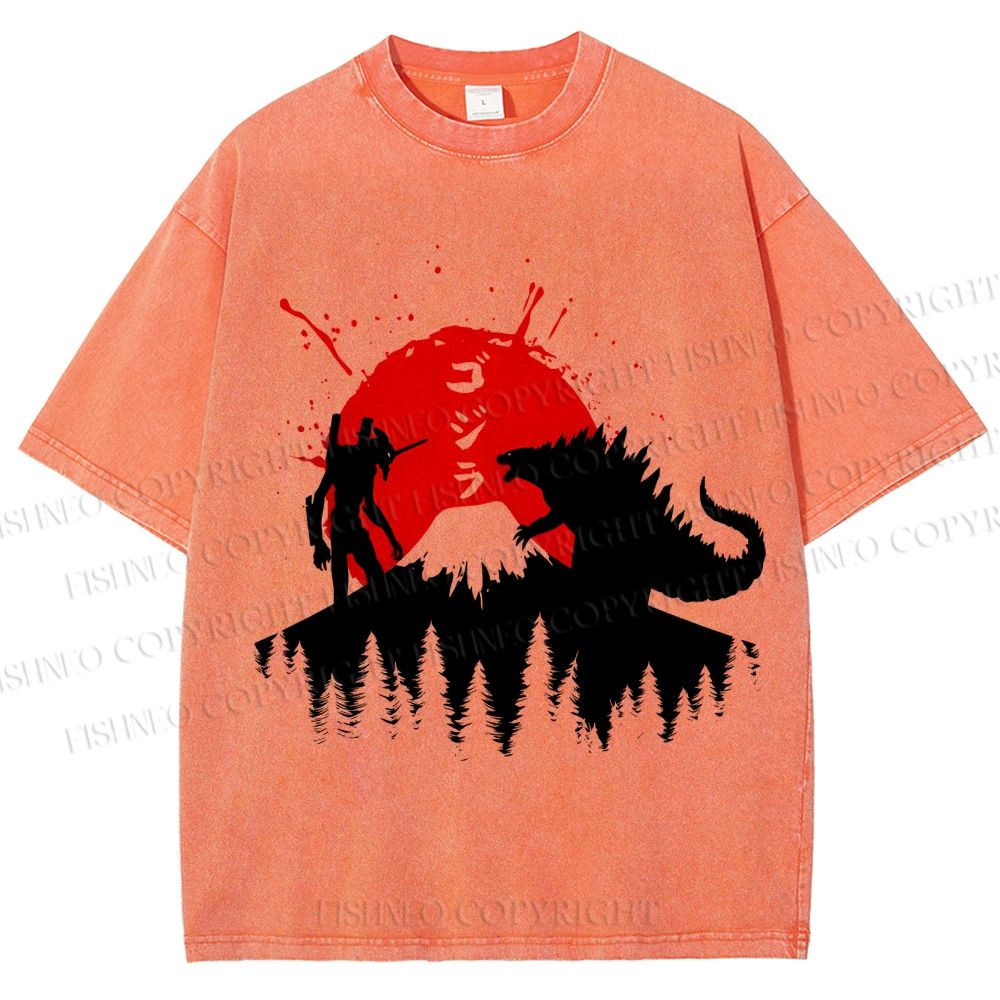 Unisex Japanese Godzilla On Mount Fuji Printed Washed Tee