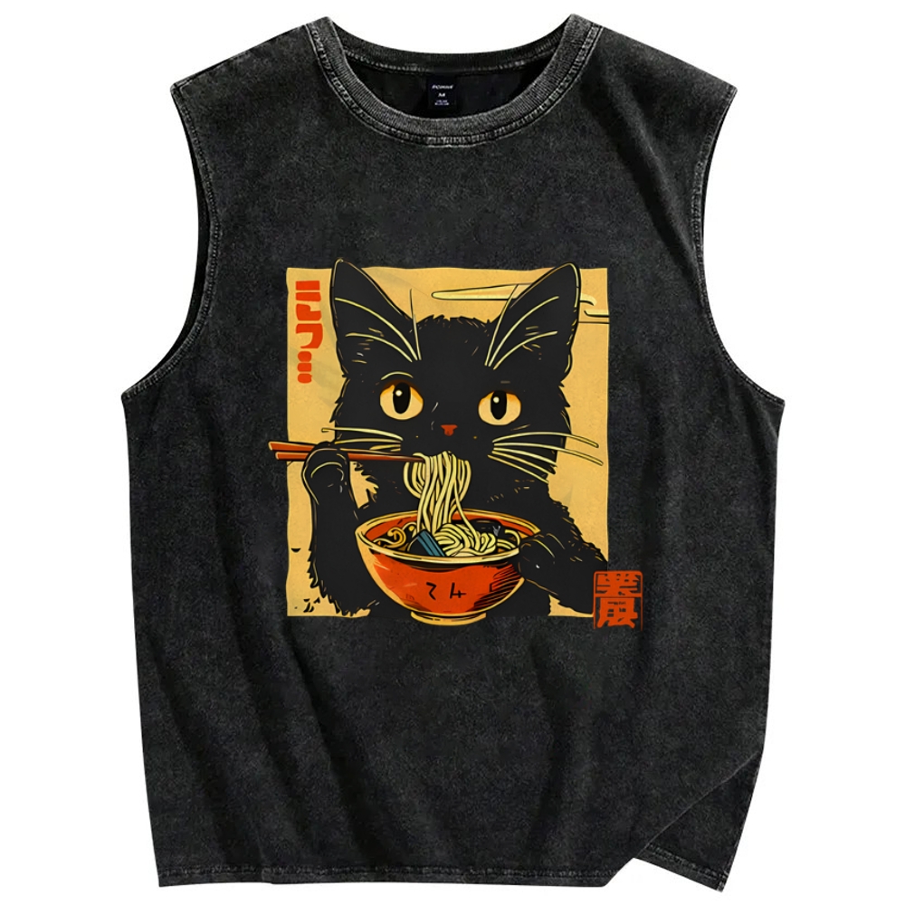 Lamian Noodles and Black Cat Vintage Distressed Washed Tank Top