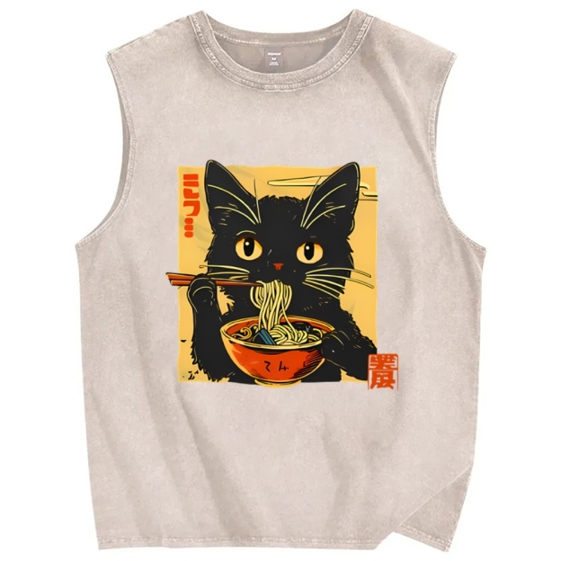 Lamian Noodles and Black Cat Vintage Distressed Washed Tank Top