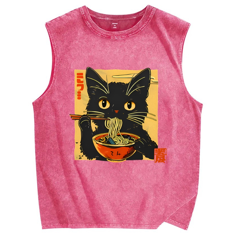 Lamian Noodles and Black Cat Vintage Distressed Washed Tank Top