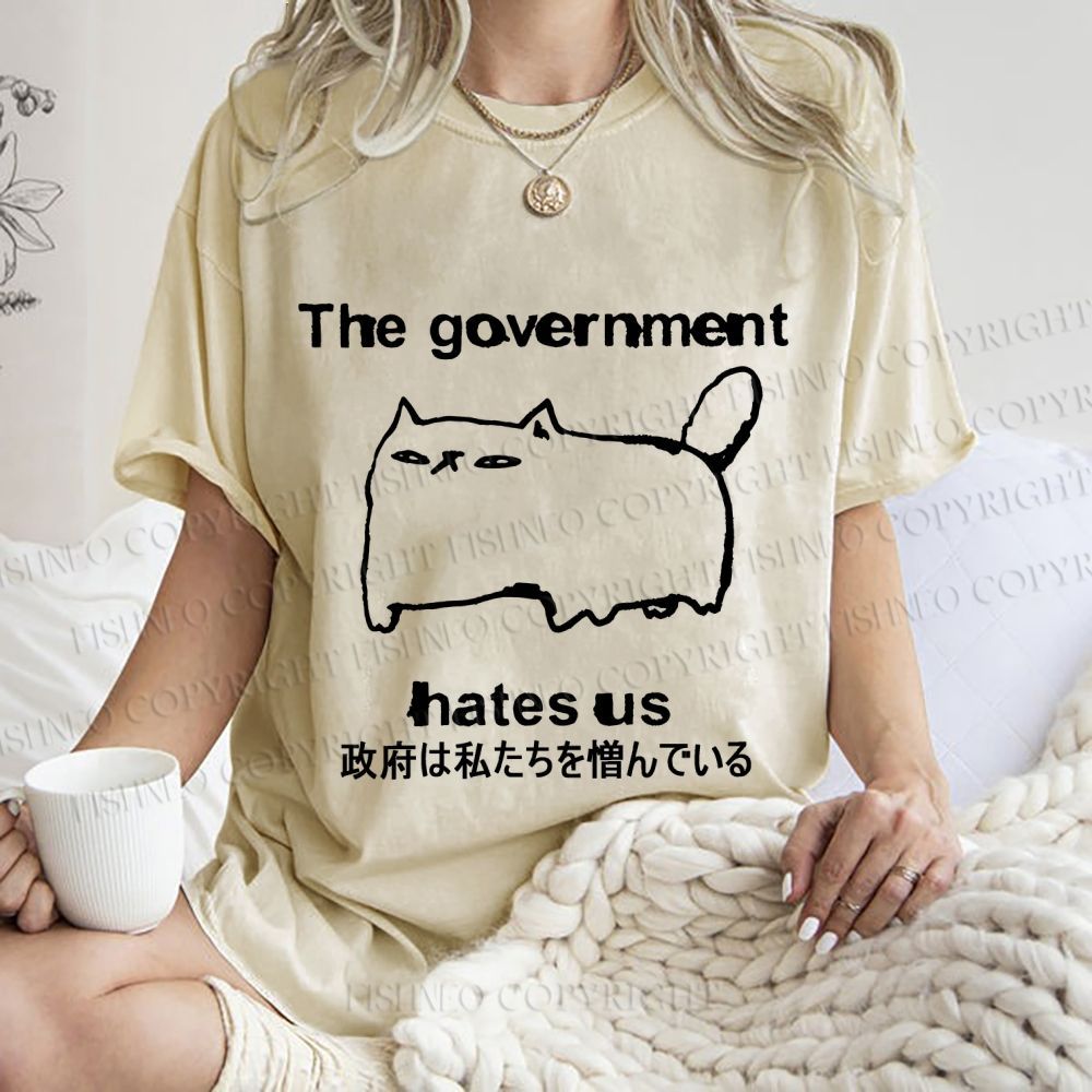 Unisex The government hate us Cat Printed Washed Tee