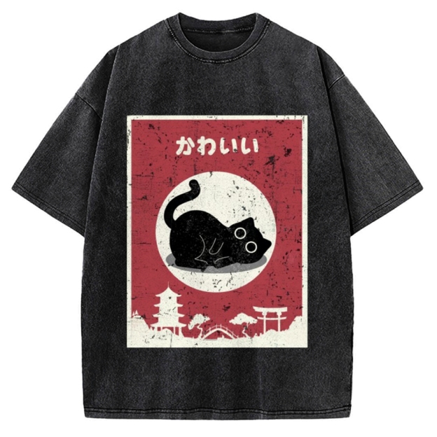Kawaii Cute Cat Vintage Washed T-shirt