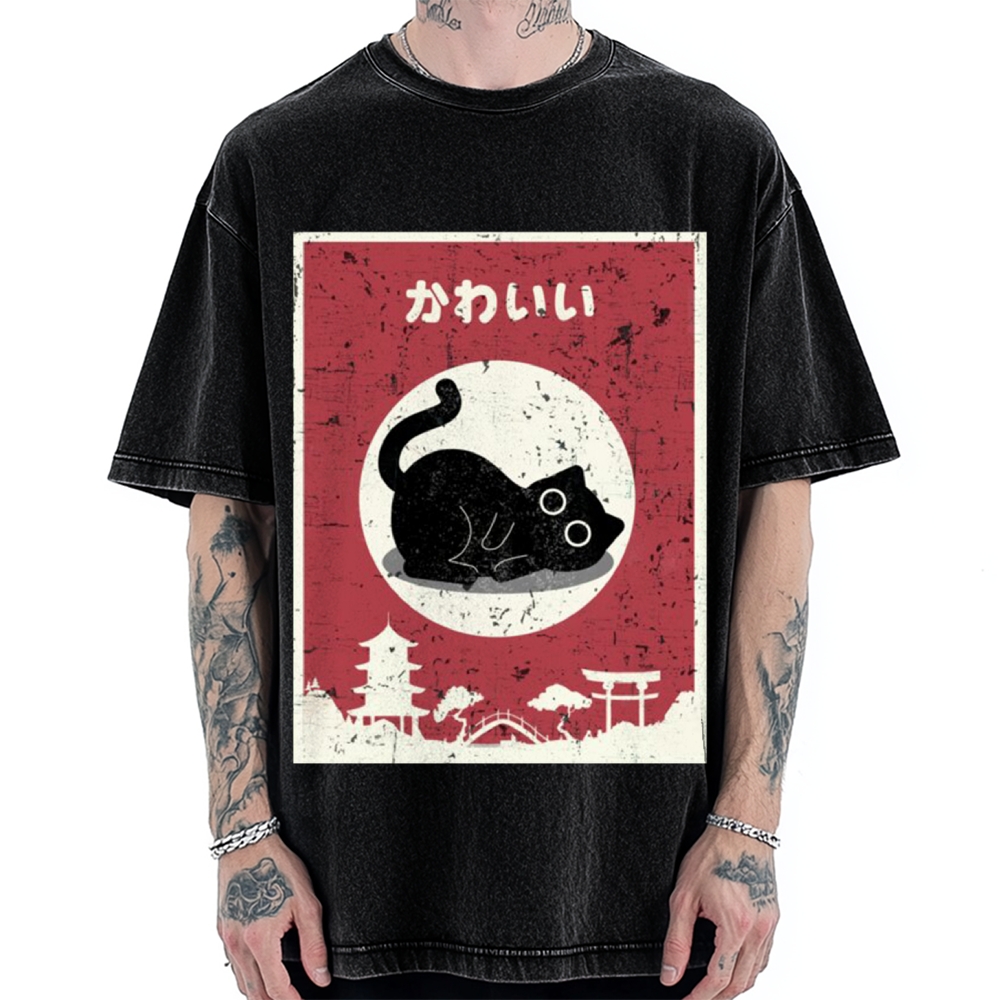 Kawaii Cute Cat Vintage Washed T-shirt