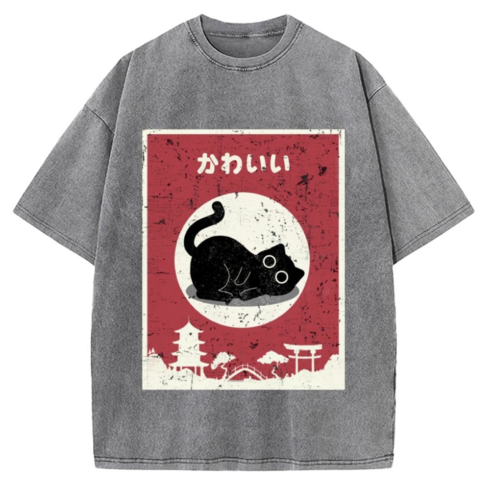 Kawaii Cute Cat Vintage Washed T-shirt