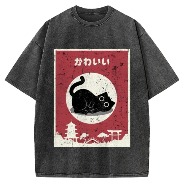 Kawaii Cute Cat Vintage Washed T-shirt