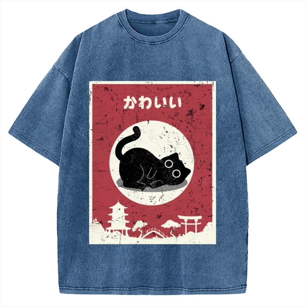 Kawaii Cute Cat Vintage Washed T-shirt
