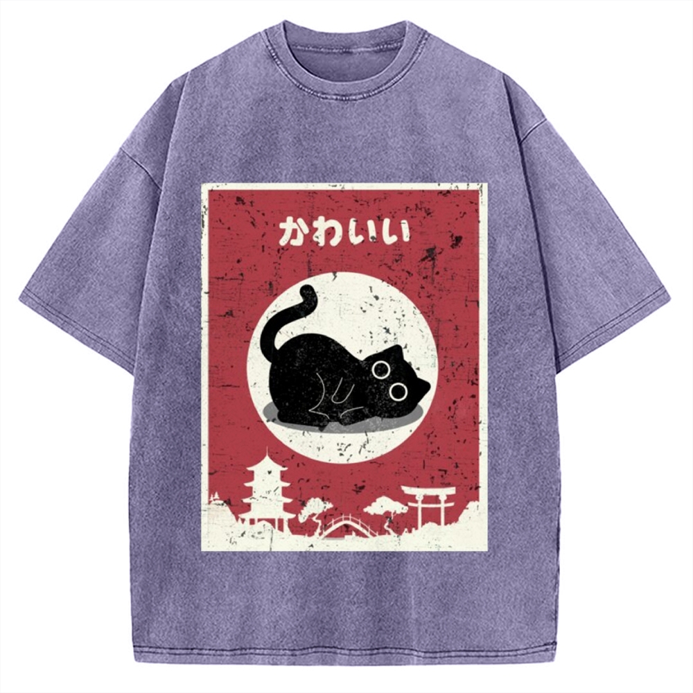 Kawaii Cute Cat Vintage Washed T-shirt