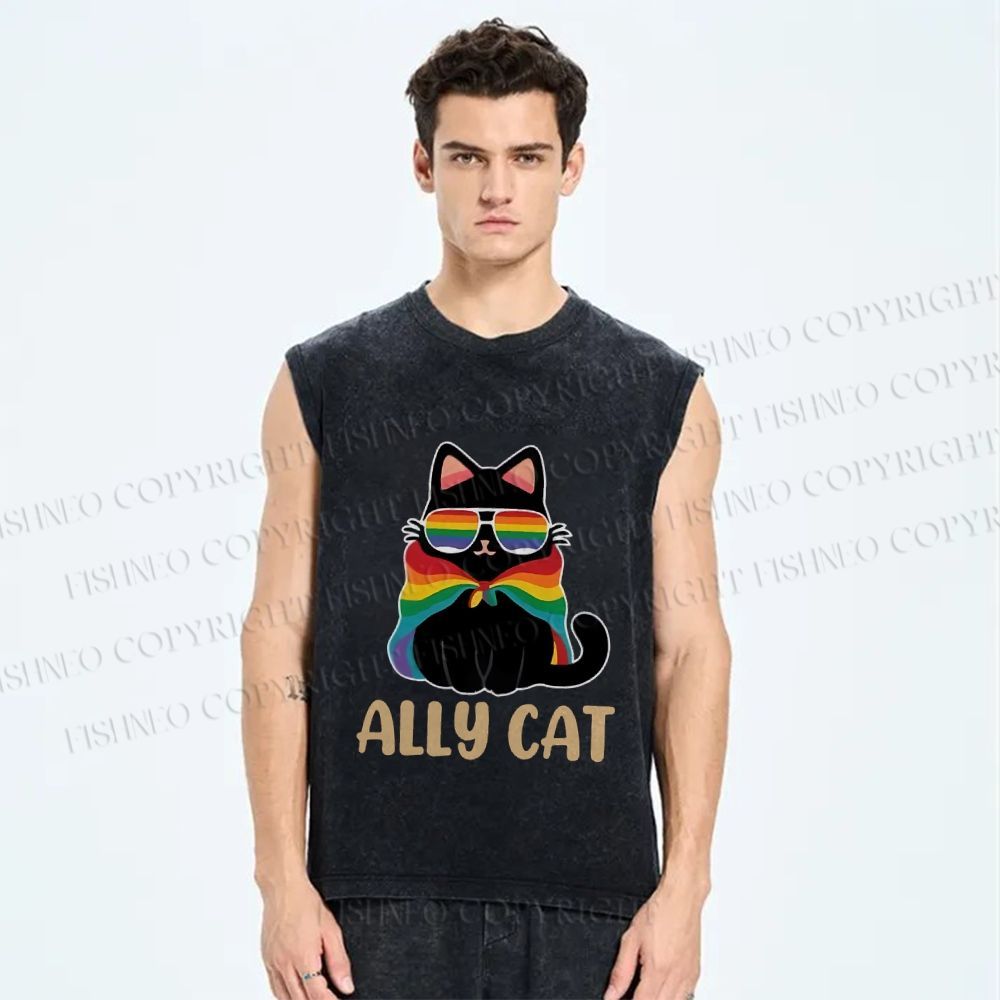 Unisex Pride Ally Cat Printed Washed Tank Top