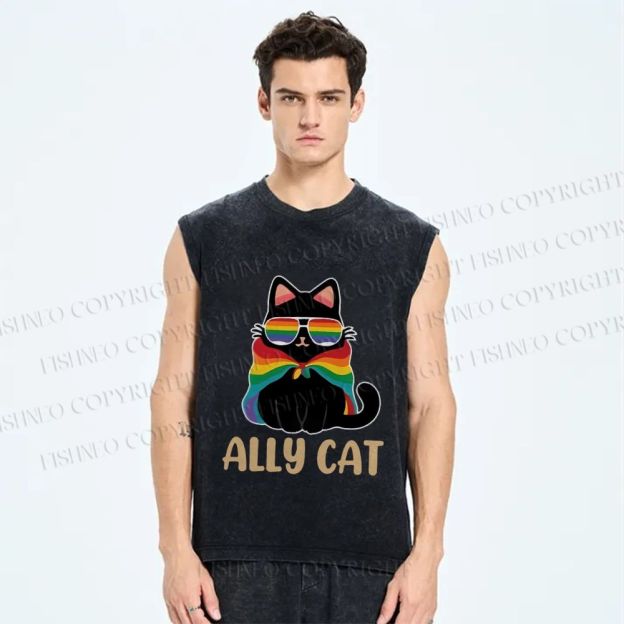 Unisex Pride Ally Cat Printed Washed Tank Top