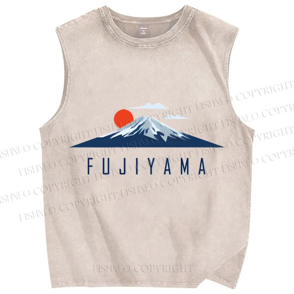 Unisex Japanese Art Mount Fuji Printed Washed Tank Top