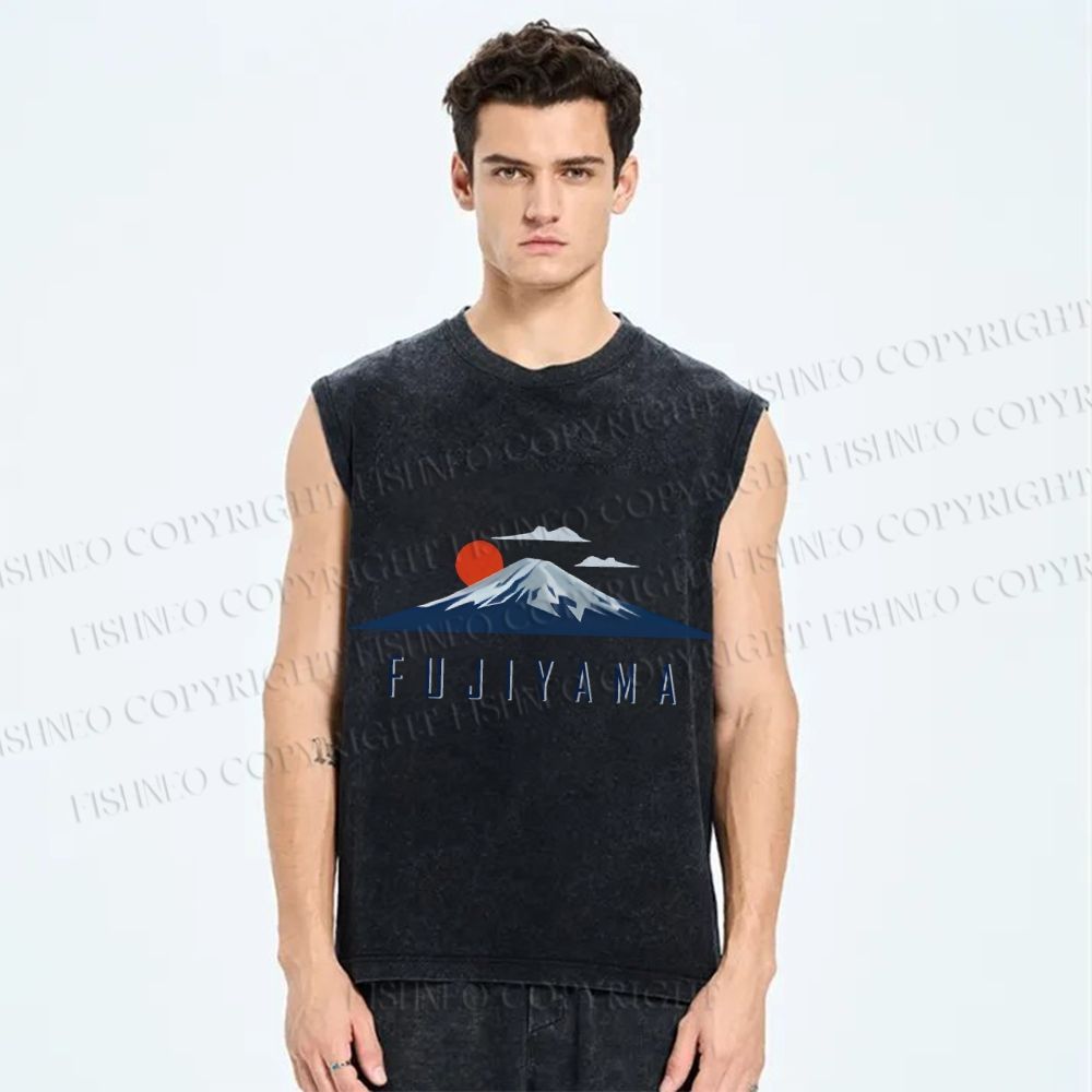 Unisex Japanese Art Mount Fuji Printed Washed Tank Top