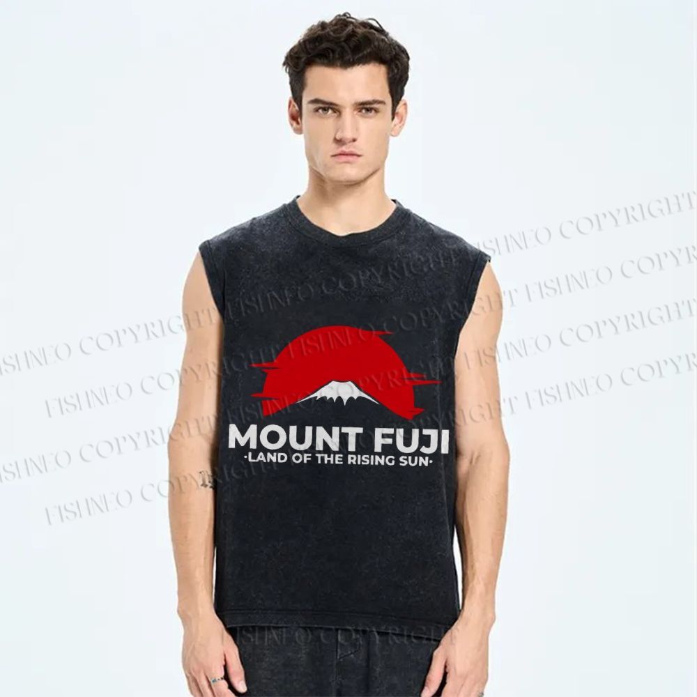 Unisex Vintage Japanese Art Mount Fuji Printed Washed Tank Top