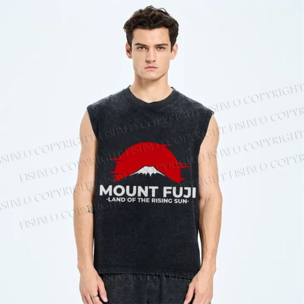 Unisex Vintage Japanese Art Mount Fuji Printed Washed Tank Top