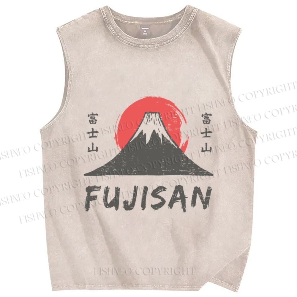Unisex Vintage Japanese Art Mount Fuji Printed Washed Tank Top